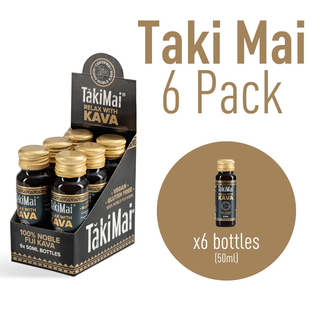 A box of Taki Mai Kava Shots containing six 50ml bottles, with branding and information about the product.