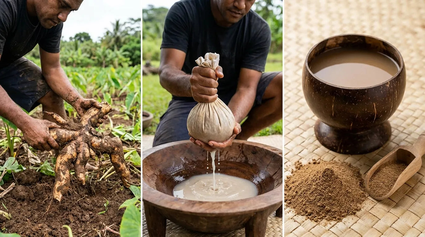 Kava root harvested, strained, and served as a prepared drink with powder