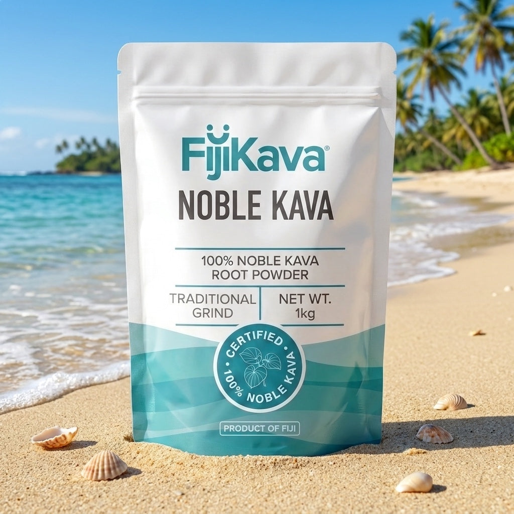 FijiKava Traditional Grind Noble Kava Powder 1kg pouch on a Fijian beach