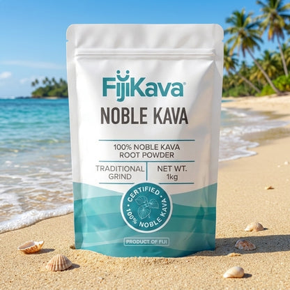 FijiKava Traditional Grind Noble Kava Powder 1kg pouch on a Fijian beach