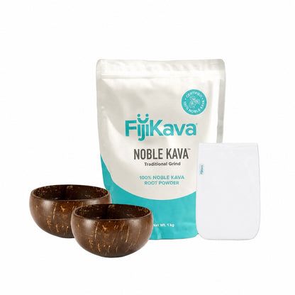 FijiKava Traditional Grind Starter Kit: 1kg Traditional Grind pouch, coconut Bilo cups and strainer
