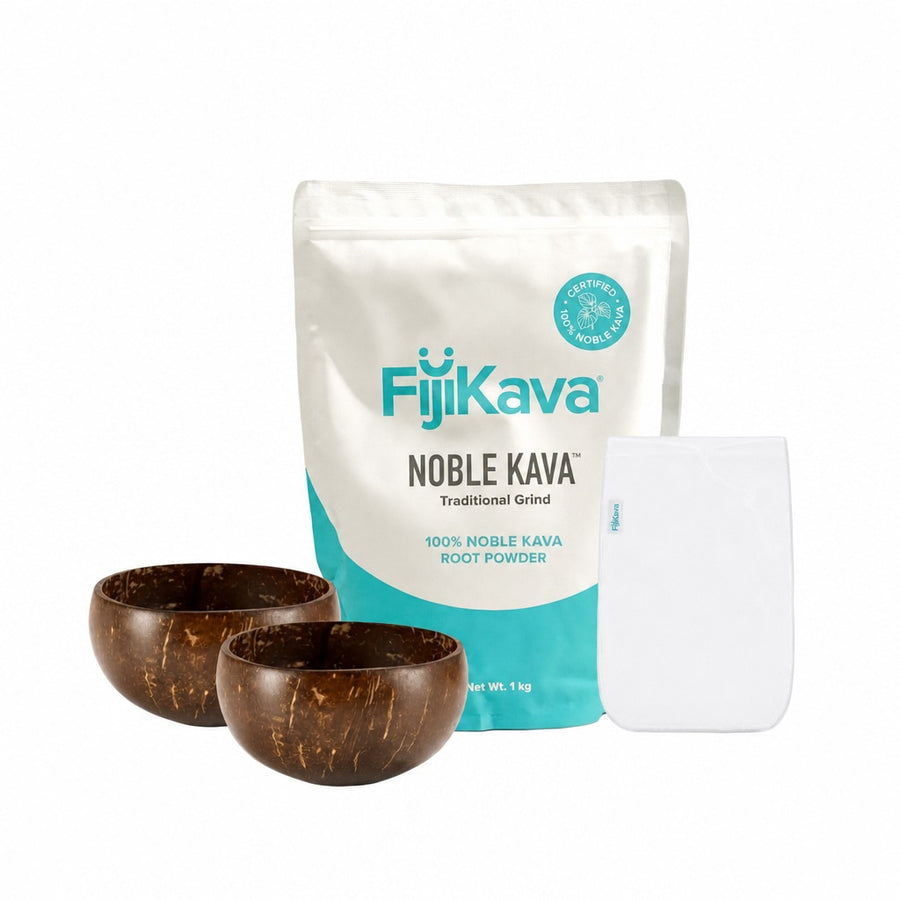 FijiKava Traditional Grind Starter Kit: 1kg Traditional Grind pouch, coconut Bilo cups and strainer