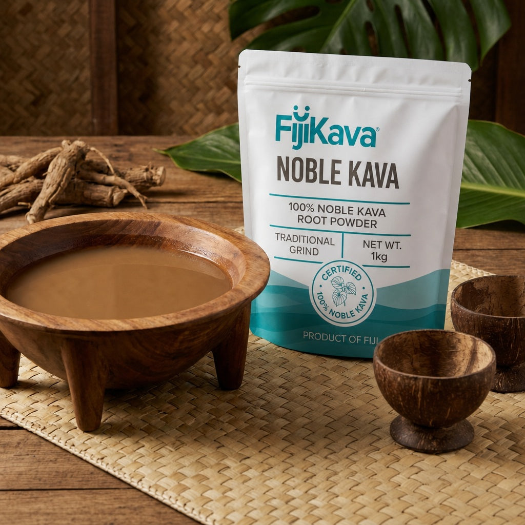 FijiKava Traditional Grind pouch beside a kava tanoa bowl and coconut cups