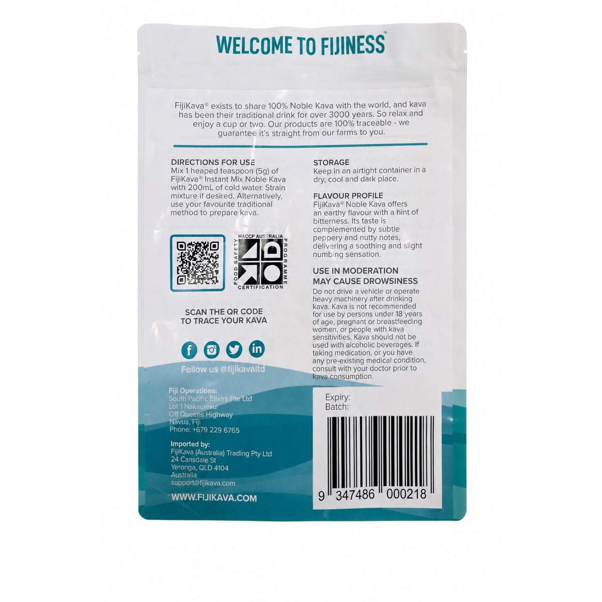 FijiKava Traditional Grind 1kg back of pack, directions, storage and flavour profile