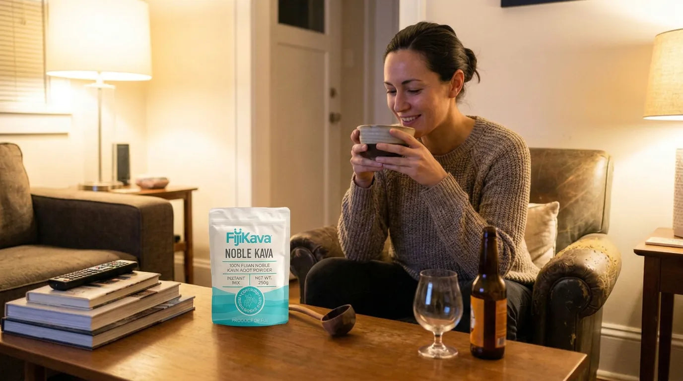 Woman relaxing at home with FijiKava beside an unopened beer