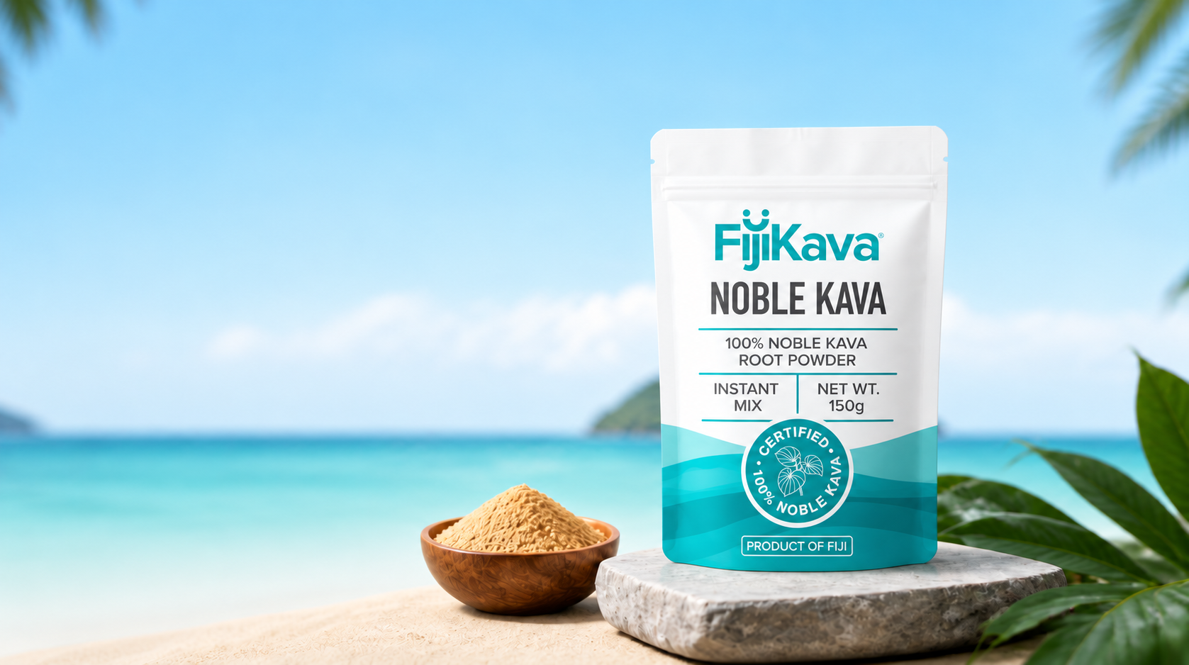 FijiKava Noble Kava Instant Mix 150g pouch on a beach beside a bowl of kava powder