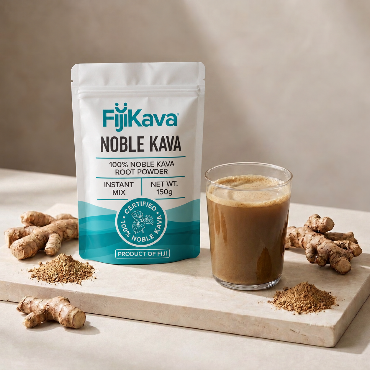 FijiKava Noble Kava Instant Mix 150g pouch beside a glass of prepared kava